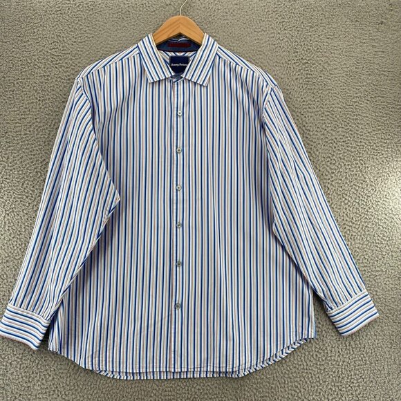 Tommy Bahama Shirt Mens Extra Large Blue Striped Button Collared Long Sleeves - Picture 1 of 11
